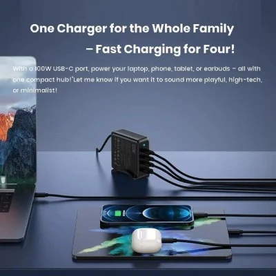 Zlos 100W 4-Port USB-C Gan Charger With Cable & Charging Stand - Black